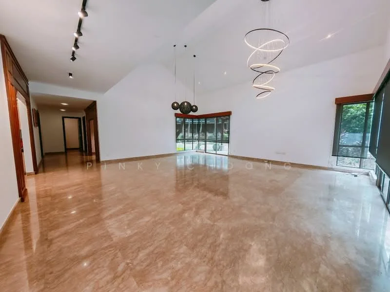 Living features: marble flooring, high ceiling, large windows, recessed downlights, pendant light fixture, neutral wall color, open layout, sliding glass door; style: modern; view: garden.