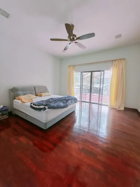 Bedroom features: king-size bed, upholstered headboard, 5-blade ceiling fan, floor-to-ceiling sliding glass door, sheer curtains, dark wood flooring, light green painted walls, balcony access; style: modern.
