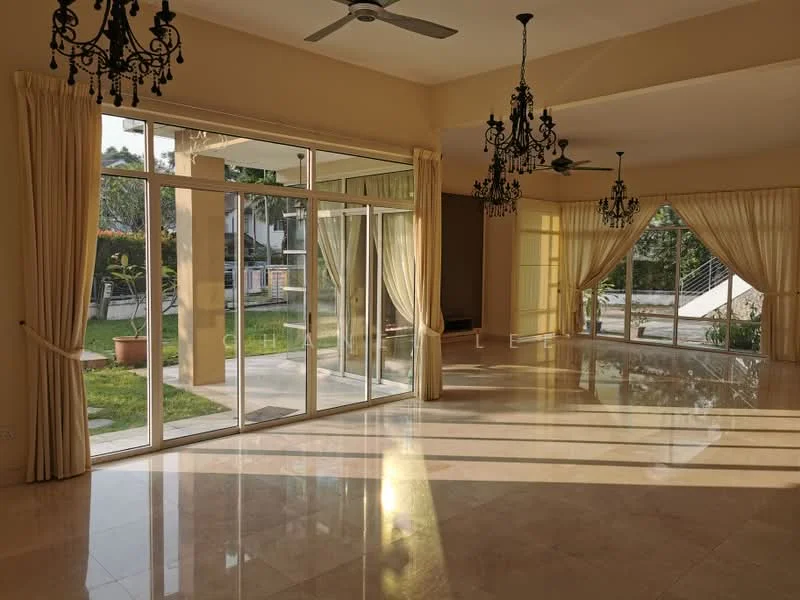 Living features: marble tile flooring, cream painted walls, floor-to-ceiling windows, sliding glass doors, 2 ceiling fans, chandelier lighting, sheer curtains, natural light from windows, open layout, view of garden; style: modern; view: garden.