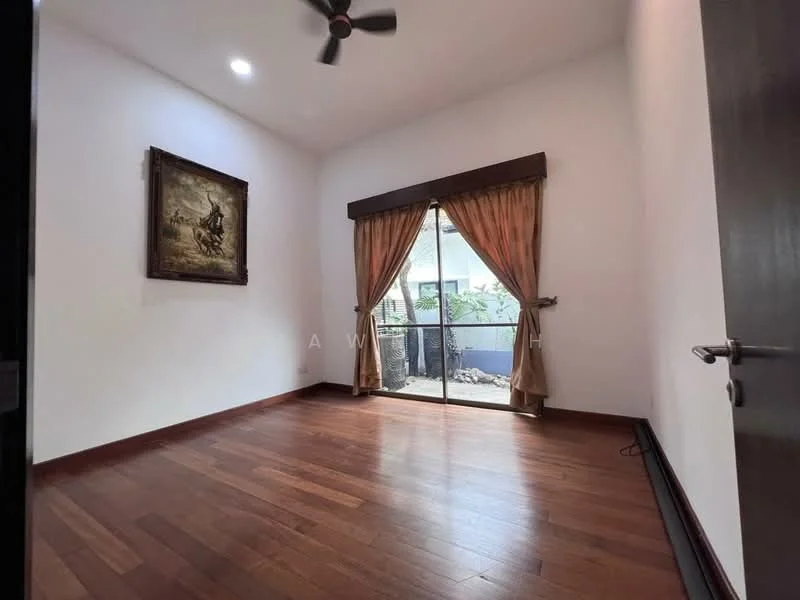 Room features: wooden flooring, white painted walls, ceiling fan, floor-to-ceiling sliding glass door, curtains, framed artwork, natural light from door, view of outdoor area; style: modern; view: garden.