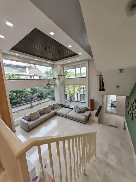 Living features: large sectional sofa in grey, marble flooring, high ceiling with recessed lighting, pendant lights, floor-to-ceiling windows, green accent wall, open layout, view of outdoor greenery, wood paneling on ceiling, staircase with wooden railing; style: modern; view: garden.