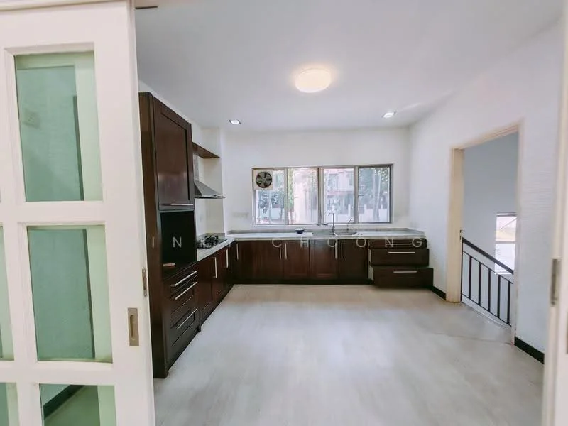 Kitchen features: brown wooden cabinetry, white countertop, stainless-steel range hood, built-in oven, double-bowl stainless-steel sink, chrome pull-down faucet, ceramic tile flooring, recessed downlights, window with view to outside, open layout, wall-mounted cabinets, kitchen island, space for refrigerator; style: modern.