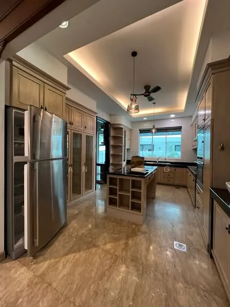 Kitchen features: stainless-steel fridge, stainless-steel freezer, kitchen island with countertop, black granite countertop, wood cabinetry with glass doors, open shelving, pendant lighting, recessed lighting, ceiling fan, marble tile flooring, window with view to outside, double-basin sink, chrome faucet; style: modern.