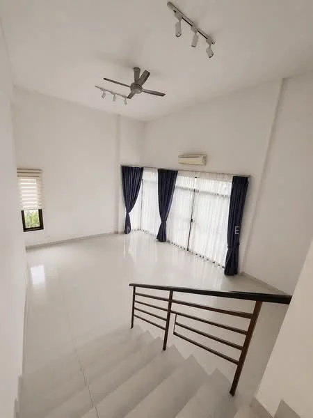 Living features: white painted walls, glossy tile flooring, 5-blade ceiling fan, floor-to-ceiling windows, sliding glass door, sheer curtains, dark blue curtains, recessed lighting; style: modern.