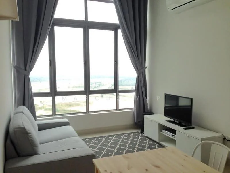 Living features: 3-seater fabric sofa in grey, coffee table, TV console, wall-mounted TV, floor-to-ceiling windows, sheer curtains, air conditioning unit, area rug with geometric pattern, view of the landscape; style: modern; view: landscape.