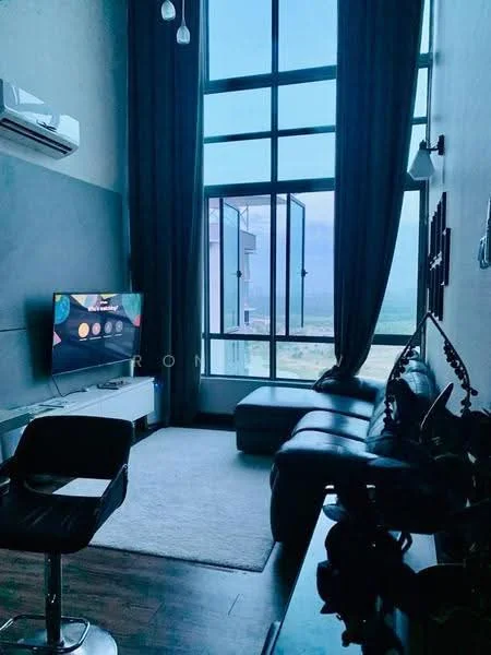 Living features: floor-to-ceiling windows, black leather sectional sofa, area rug, wall-mounted TV, black TV console, curtains, air conditioning unit, decorative wall art, wooden flooring, coffee table; style: modern; view: city.