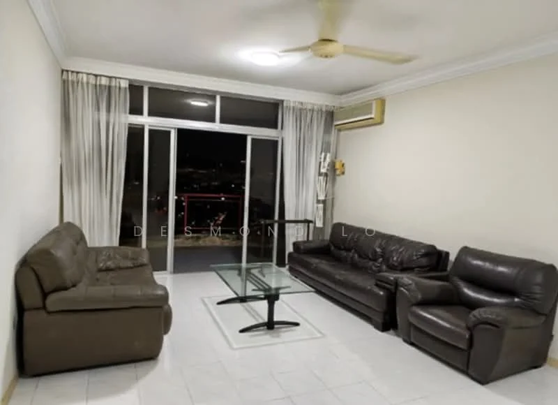 Living features: 3-seater leather sofa in dark brown, 2-seater leather sofa in dark brown, glass coffee table with black base, floor-to-ceiling windows, sheer curtains, wall-mounted split AC, white painted walls, tile flooring, ceiling fan with light, decorative wall clock; style: contemporary; view: city.