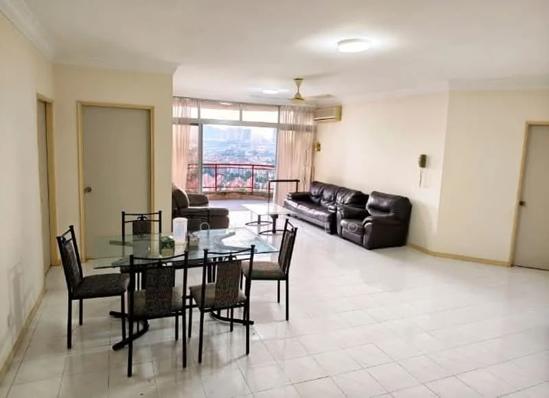 Living features: white painted walls, ceramic tile flooring, 5-blade ceiling fan with light, floor-to-ceiling windows, sliding glass door, brown leather sofa, 2-seater fabric sofa in beige, glass dining table with 6 chairs, curtains, air conditioning unit; style: modern; view: city.