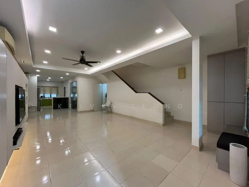 Living features: white painted walls, glossy ceramic tile flooring, recessed downlights, 5-blade ceiling fan, built-in wall-mounted TV unit, staircase leading to upper floor, large windows for natural light, open layout, neutral color scheme, corner space for furniture, wall-mounted air conditioning unit; style: modern.