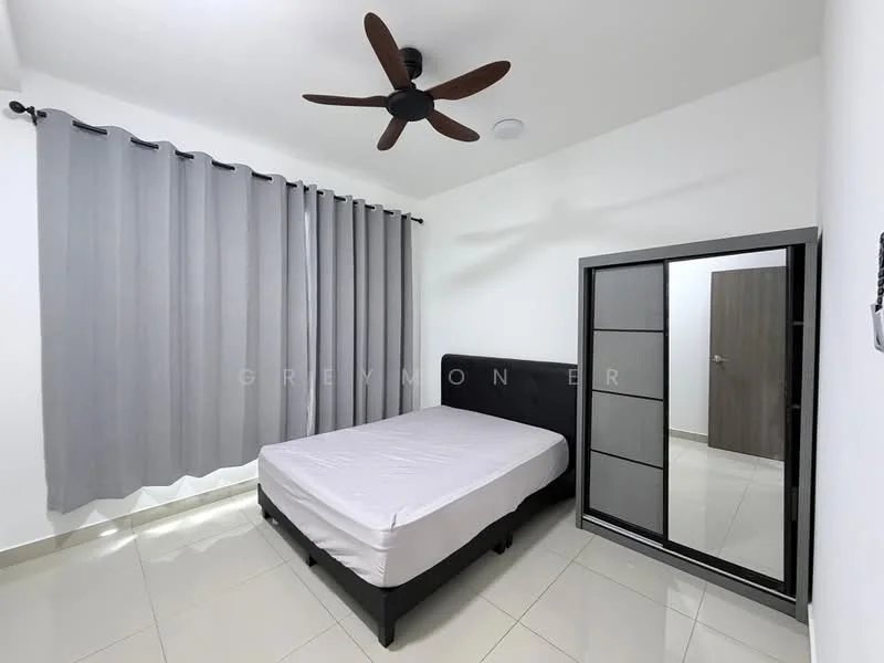 Bedroom features: queen-size bed, black upholstered bed frame, grey curtains, floor-to-ceiling windows, sliding mirror wardrobe, white painted walls, polished tile flooring, ceiling fan with light; style: modern.