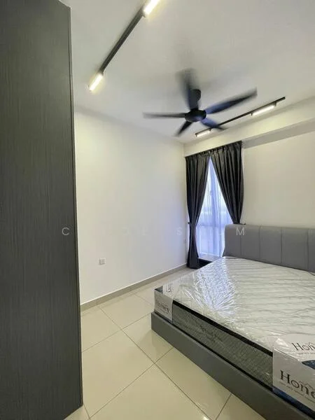 Bedroom features: queen-size bed, upholstered headboard, grey bedding, 5-blade ceiling fan with light, floor-to-ceiling window, blackout curtains, white painted walls, tile flooring, built-in wardrobe, decorative wall paneling; style: modern.