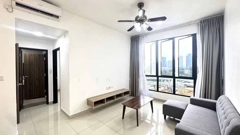 Living features: grey fabric sofa, wood coffee table, wall-mounted TV console, floor-to-ceiling windows, curtains, ceiling fan with light, white painted walls, glossy tile flooring, air conditioning unit; style: modern; view: city. Room features: wooden door, light switch, white painted walls, glossy tile flooring.