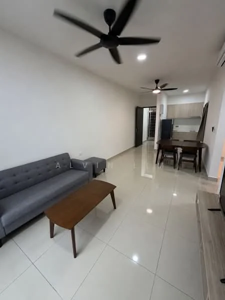 Living features: grey fabric 3-seater sofa, wood coffee table, dining table with chairs, wall-mounted TV, ceiling fan with light, recessed downlights, glossy tile flooring, white painted walls; style: modern.