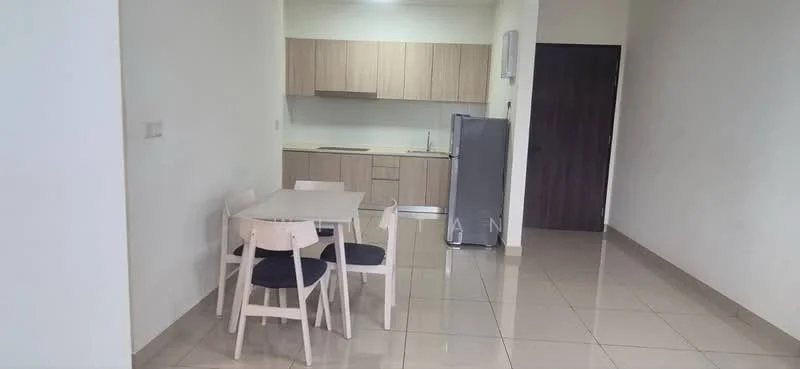 Kitchen features: light wood cabinetry, white countertop, stainless-steel fridge, built-in sink, single-bowl stainless-steel sink, chrome pull-down faucet, ceramic tile flooring, recessed downlights, dining table with four chairs, open layout, wall-mounted air conditioning unit; style: modern.