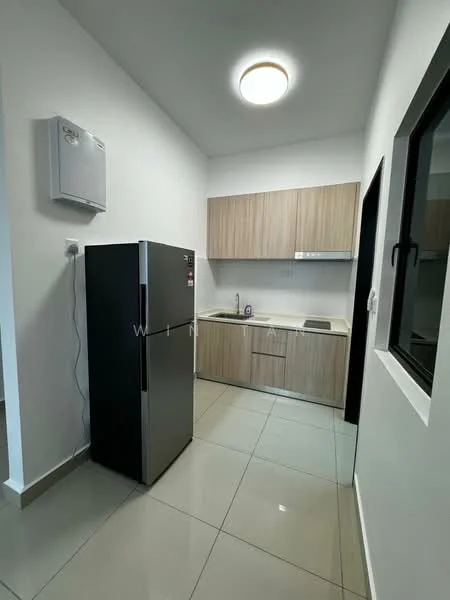 Kitchen features: black stainless-steel fridge, single-bowl stainless-steel sink, chrome pull-down faucet, laminate cabinetry in light wood finish, white countertop, ceramic tile flooring, wall-mounted split AC, recessed ceiling light, window with black frame; style: modern.