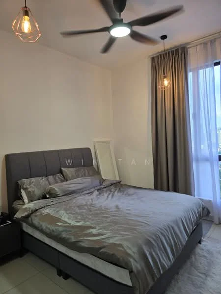 Bedroom features: king-size bed with grey upholstered headboard, silk bedding in grey, 2 pendant lights with exposed bulbs, 5-blade ceiling fan with light, floor-to-ceiling window with sheer curtains, light grey walls, tiled flooring, nightstand with drawer; style: modern; view: city.