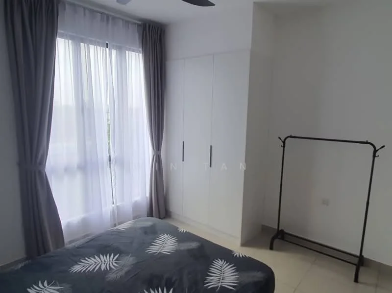 Bedroom features: queen-size bed with patterned bedding, floor-to-ceiling windows, sheer curtains, grey wall, built-in wardrobe with sliding doors, ceiling fan, light-colored tiled flooring, clothing rack; style: modern.