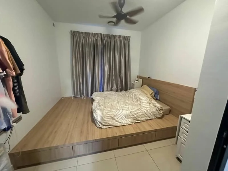 Bedroom features: wooden platform bed, striped bedding, floor-to-ceiling curtains, ceiling fan, built-in wardrobe, laminate flooring, white painted walls, nightstand; style: modern.