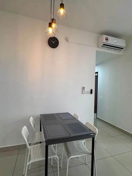 Dining features: 4-seater dining table, white plastic chairs, pendant lights, wall clock, wall-mounted air conditioning unit, cream tiled flooring, white painted walls, light switch, doorway leading to another room; style: modern.