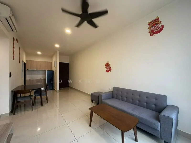 Living features: grey fabric sofa, wood coffee table, 4-seater dining table, black ceiling fan, white painted walls, glossy tile flooring, refrigerator, kitchen cabinetry visible in background, LED ceiling lights; style: modern.