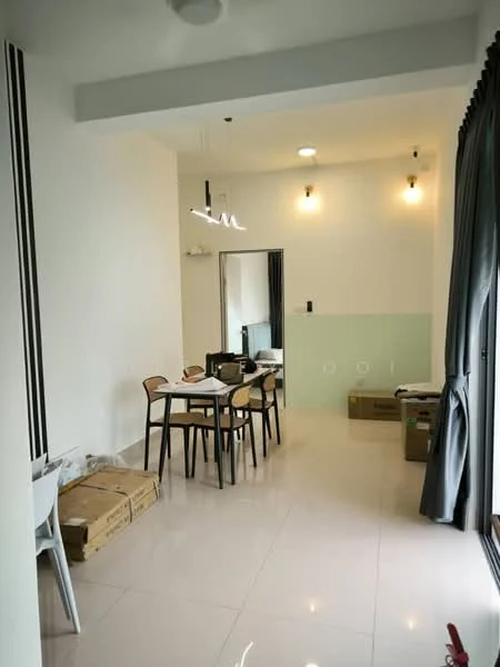 Dining features: white painted walls, polished ceramic tile flooring, recessed downlights, hanging pendant light, 6-seater dining table, wooden dining chairs, large windows with grey curtains, green accent wall, boxes and packing materials on the floor; style: modern.