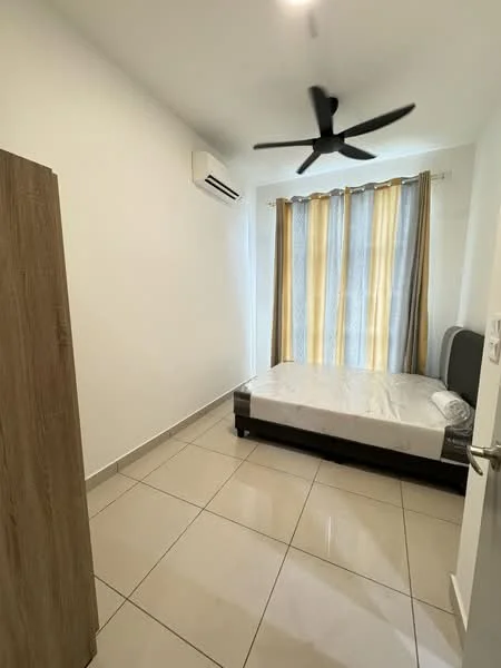 Bedroom features: white painted walls, tile flooring, 5-blade ceiling fan, floor-to-ceiling window with sheer curtains, double bed, wooden wardrobe, air conditioning unit; style: modern.