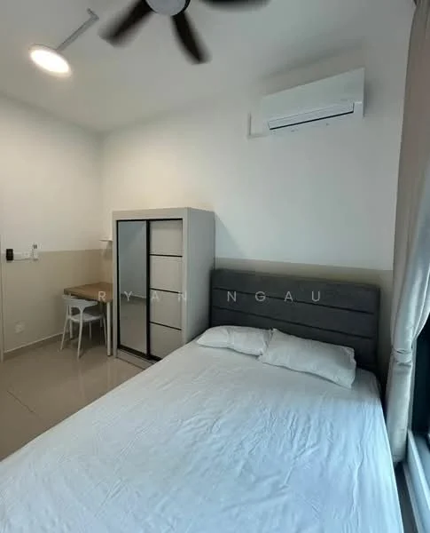 Bedroom features: king-size bed with white bedding, upholstered headboard, 1 bedside table, ceiling fan, wall-mounted split AC unit, built-in wardrobe with sliding doors, study desk with chair, tile flooring, white painted walls, window with curtain; style: modern.