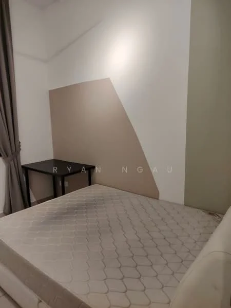 Bedroom features: beige accent wall, green accent wall, white painted walls, queen-size bed, mattress without bedding, black wooden bedside table, curtains, flooring not visible; style: modern.