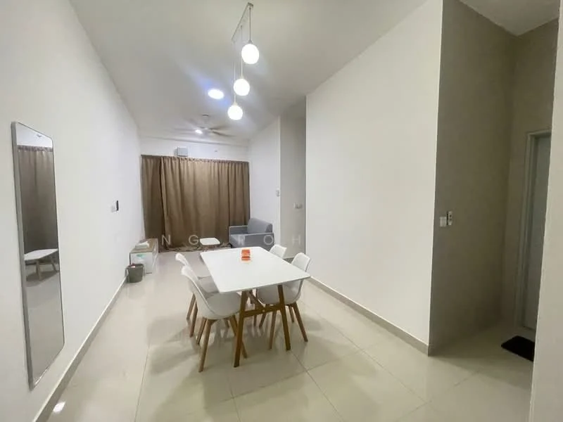 Dining features: white painted walls, high ceiling, ceramic tile flooring, 5-blade ceiling fan with light, round dining table, 4 wooden dining chairs, full-length mirror, curtains, sofa in grey, decorative wall light; style: modern.