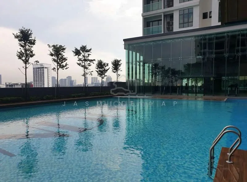 Exterior type: high-rise condominium; features: infinity pool, pool deck with loungers, glass curtain wall, surrounded by landscaping, city skyline in background, manicured lawn, trees along the pool area; style: modern.