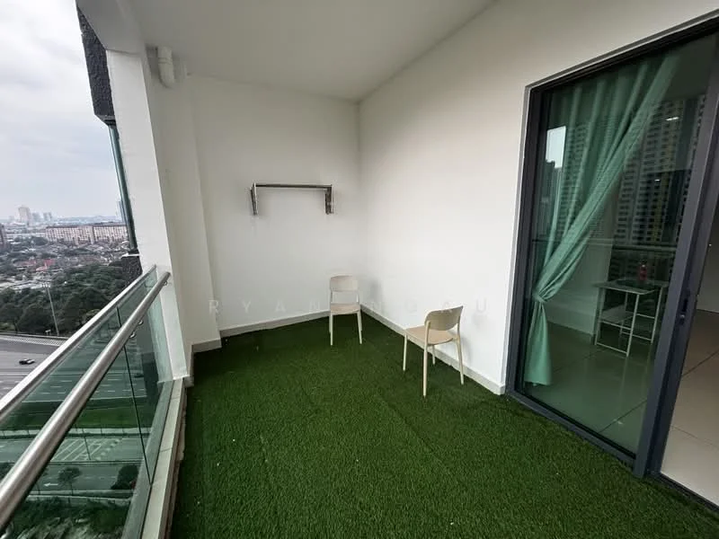 Room features: artificial grass flooring, glass balcony railing, two white chairs, wall-mounted shelf, curtains, city view, open space, neutral wall color; style: modern; view: city.