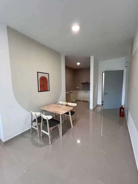 Dining features: dining table with four chairs, cream painted walls, glossy ceramic tile flooring, recessed ceiling lights, fire extinguisher on wall, open layout to kitchen, neutral color palette, minimalist decor; style: modern.