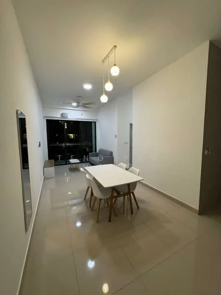 Dining features: white dining table, 4 white dining chairs, pendant lighting with three globes, grey fabric sofa, full-length mirror, white painted walls, glossy ceramic tile flooring, ceiling fan, floor-to-ceiling windows; style: modern.