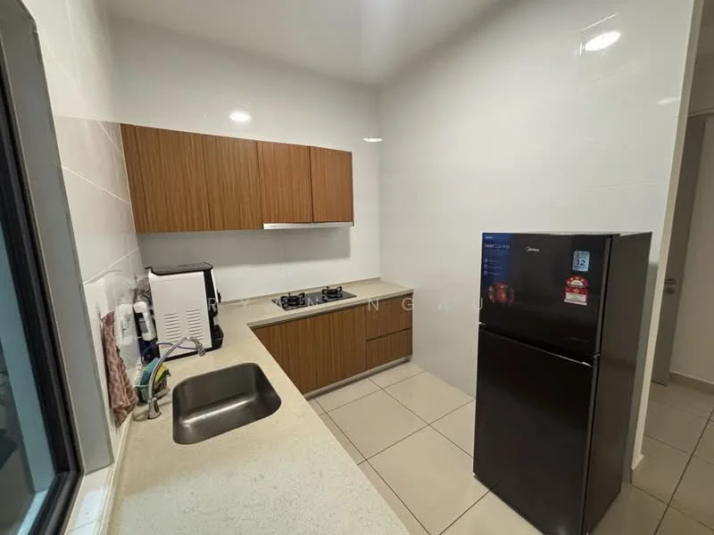 Kitchen features: brown wooden cabinetry, white countertop, single-bowl stainless-steel sink, chrome pull-down faucet, 2-burner gas hob, black refrigerator, white tiled walls, cream tiled flooring, window with view, microwave, kitchen utensils on countertop; style: modern.