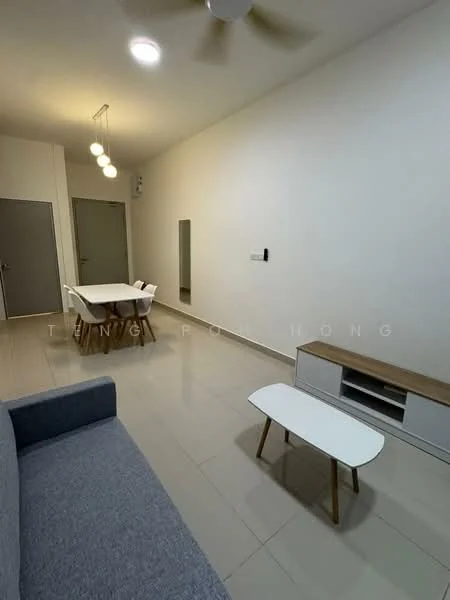 Living features: grey fabric sofa, white coffee table with wooden legs, TV console with wooden base, dining table with white surface and wooden legs, 4 dining chairs, pendant lighting with multiple bulbs, wall-mounted mirror, white painted walls, glossy tile flooring, ceiling fan; style: modern.