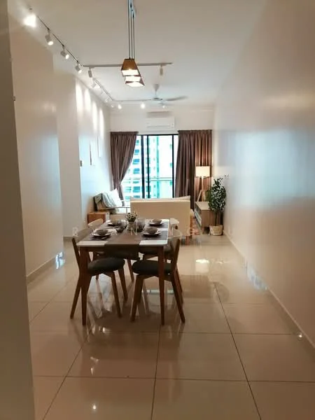 Dining features: dining table for 4, wooden dining chairs, white walls, recessed downlights, large window with city view, curtains, polished tile flooring, ceiling fan; style: modern; view: city. Living features: sofa, decorative plant, coffee table, wall-mounted artwork, floor-to-ceiling window, curtains; style: modern; view: city.