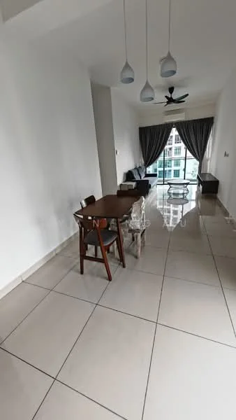 Living features: large floor-to-ceiling windows, grey curtains, 5-blade ceiling fan with light, rectangular glass coffee table, 3-seater fabric sofa in dark grey, dining table with 4 wooden chairs, cream tiled flooring, white painted walls; style: modern; view: city.