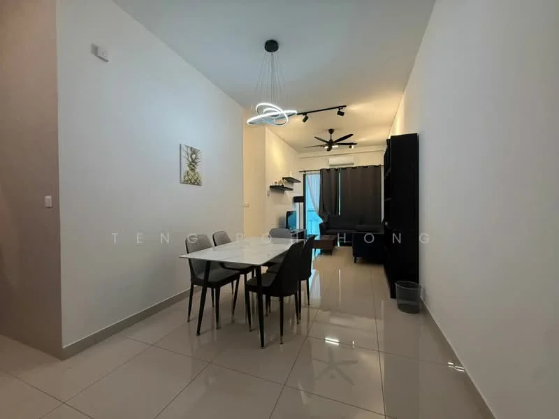 Dining features: white walls, grey accent wall, polished ceramic tile flooring, 4-seater dining table, black dining chairs, modern pendant light, ceiling fan, wall-mounted shelf, curtains, sofa in dark color, decorative artwork; style: modern.