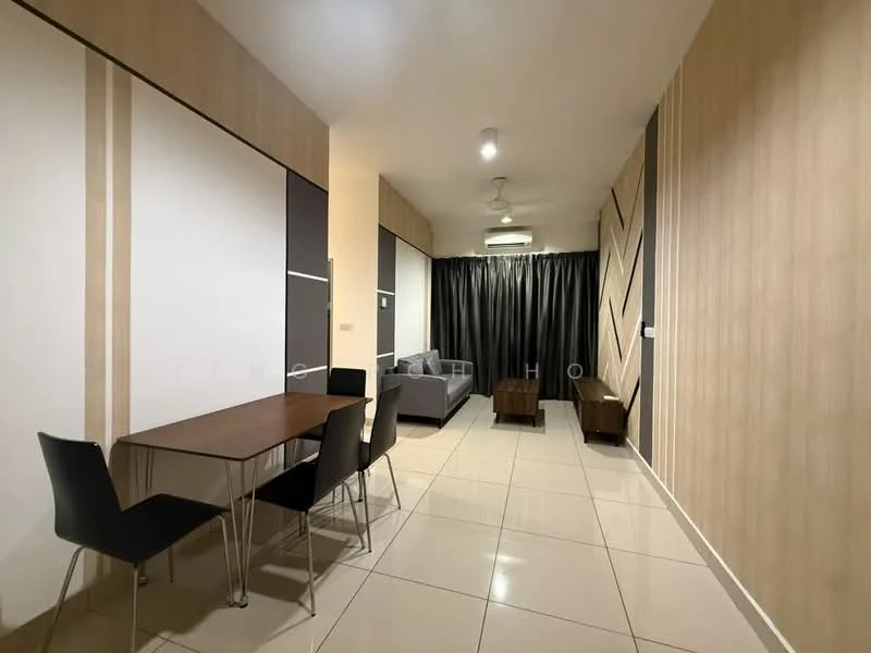 Living features: rectangular wooden dining table, 4 black dining chairs, grey fabric sofa, 2 brown wicker chairs, cream tiled flooring, wood panel accent wall, black curtains, recessed ceiling lights, wall-mounted light fixture; style: modern.