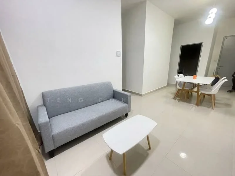 Living features: grey fabric 3-seater sofa, white coffee table with wooden legs, white walls, glossy ceramic tile flooring, recessed ceiling lights, dining table with four white chairs, neutral decor, open layout; style: modern.