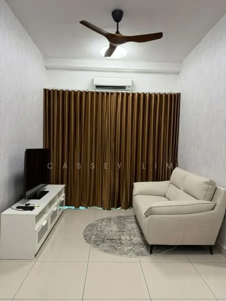 Living features: 3-seater fabric sofa in cream, white TV console, wall-mounted TV, round area rug with geometric pattern, floor-to-ceiling curtains in brown, wall-mounted split AC, glossy tile flooring, light ceiling fan with integrated light; style: modern.
