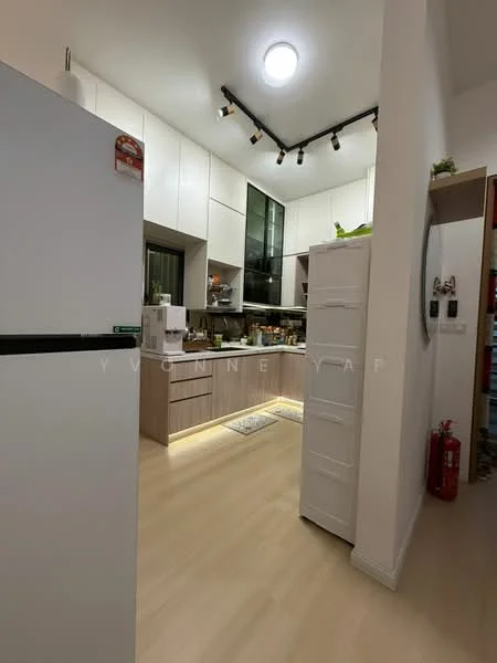 Kitchen features: white cabinetry, wooden countertop, stainless-steel fridge, built-in oven, 4-burner gas hob, extractor hood, tile backsplash, recessed LED downlights, laminate flooring, open shelving, kitchen island, single-bowl stainless-steel sink, chrome pull-down faucet; style: modern.