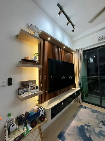 Living features: wooden accent wall with vertical slats, wall-mounted TV, floating shelves, LED strip lighting, light fixtures on ceiling track, carpet with abstract pattern, glass sliding door, curtains, decorative items on shelves, media console below TV; style: modern; view: city.