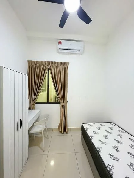 Bedroom features: single bed, white walls, cream curtains, floor-to-ceiling window, 1 wall-mounted split AC, ceiling fan, tile flooring, study desk, white wardrobe; style: modern.