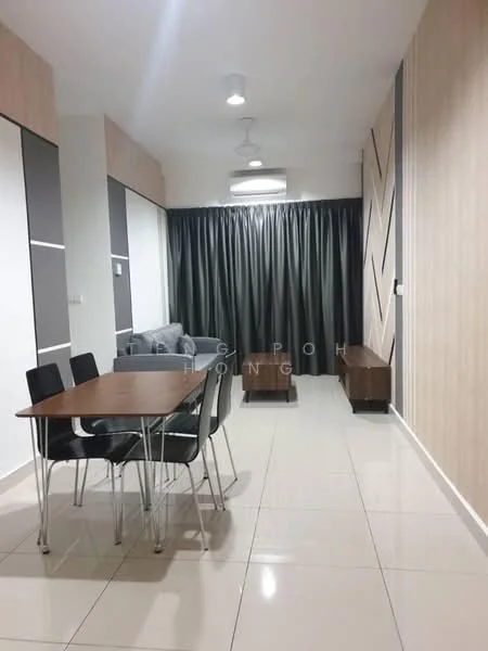 Living features: grey fabric sofa, 4-seater dining table, black dining chairs, white tiled flooring, recessed ceiling lights, ceiling fan, black curtains, wooden sideboard, accent wall with diagonal pattern, air conditioning unit; style: modern.