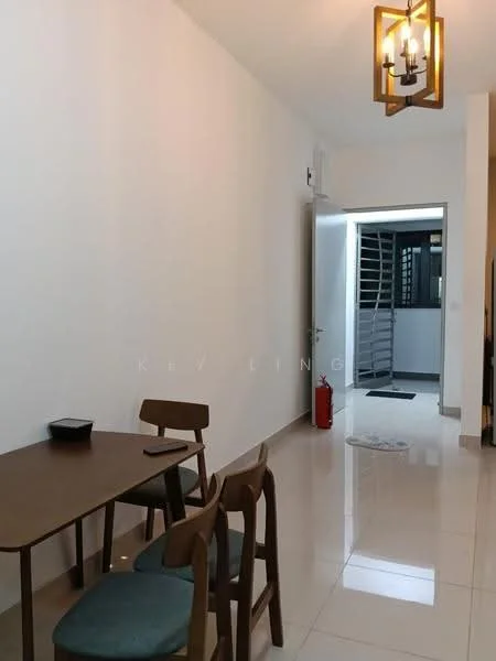 Dining features: white painted walls, glossy tile flooring, wooden dining table, 3 wooden dining chairs, pendant light fixture, doorway leading to hallway, fire extinguisher, open doorway to another room; style: modern. Room features: white painted walls, glossy tile flooring, doorway leading to another room.