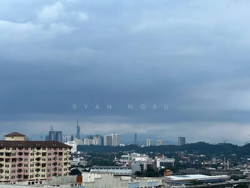 Exterior features: city skyline view, cloudy sky, urban landscape, mixed building heights, distant high-rise buildings, foreground low-rise buildings; style: modern.