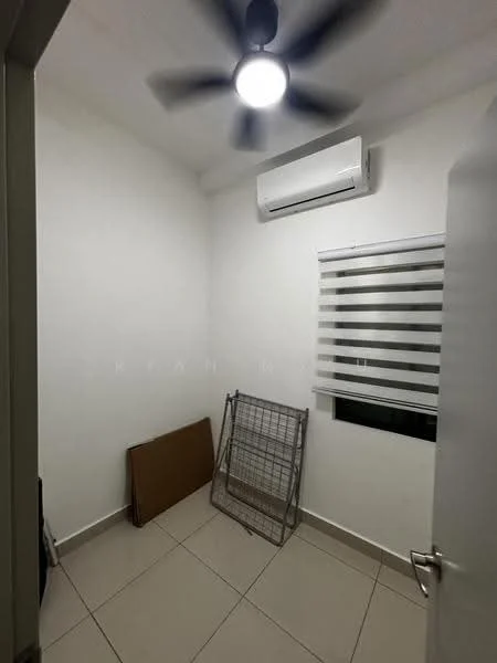 Room features: white painted walls, tile flooring, ceiling fan, wall-mounted split AC, window with horizontal blinds, light fixture, empty space, folding metal rack, cardboard box.