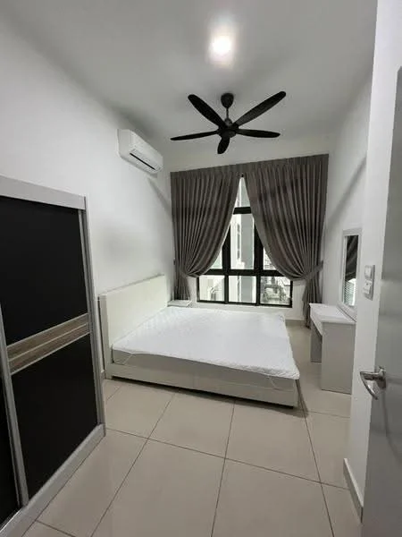 Bedroom features: queen-size bed frame without mattress, 2 bedside tables, floor-to-ceiling windows, grey curtains, white painted walls, light-colored tiled flooring, 5-blade ceiling fan, wall-mounted air conditioning unit, mirror on dresser, built-in wardrobe with sliding doors; style: modern.