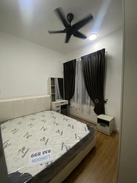 Bedroom features: queen-size bed with upholstered headboard, white bedding with palm print, wooden flooring, 5-blade ceiling fan, recessed ceiling light, floor-to-ceiling window with sheer curtains, dark brown curtains, nightstand with drawer, study desk with shelving unit; style: modern.